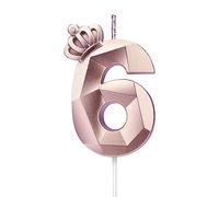 Candela numero 6, candela grande di buon compleanno da 7,6 cm con squisite decorazioni a forma di corona 3D per decorazioni per torte, anniversari di matrimonio, riunioni di compleanno (Rosa-6)