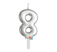Candela numero 8 OTTO - colore ARGENTO Metal - Tiny Plump - numerale h7cm - Candelina per Torta e dolci - candela di compleanno in cera a forma di numero