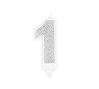 Candela per torta di compleanno, numero 1, argento scintillante, 7 cm