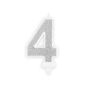 Candela per torta di compleanno, numero 4, argento scintillante, 7 cm