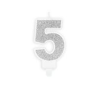 Candela per torta di compleanno, numero 5, argento glitterato, 7 cm