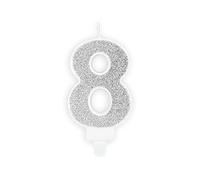 Candela per torta di compleanno, numero 8, argento scintillante, 7 cm