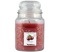 Candela profumata alla ciliegia con barattolo e coperchio in vetro gr 510 h16 cera con estratti naturali durata 26 ore idea regalo