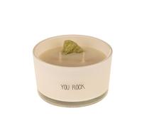 Candela profumata con cristallo e vasetto bianco con scritta You rock My Flame