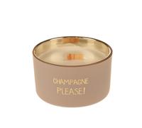 Candela profumata con cristallo e vasetto con scritta Champagne please My Flame