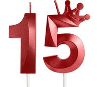 Candela Rossa per 15° Compleanno con Corona - Decorazione per Torte di Buon Compleanno per Ragazze, Ragazzi, Uomini