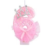 Candele a Forma di Numero, Candela a Rete con Fiocco di Corona da 7,5cm Rosa Glitterato Candeline di Compleanno con Decorazione per Torta con Paillettes per Feste di Anniversario (Numero 6)