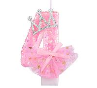 Candele a Forma di Numero, Candela a Rete con Fiocco di Corona da 7,5cm Rosa Glitterato Candeline di Compleanno con Decorazione per Torta con Paillettes per Feste di Anniversario (Numero 4)