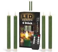 Candele a LED con timer, verde, 6 pezzi, per interni, 6 ore, vera cera 23 cm, altezza per candele, diametro 2,2 cm, 2 batterie AAA necessarie, candele LED, set da 2 pezzi, verde (due volte), fiamma