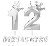 Candele Compleanno Numero 12,3D Argento Candeline Compleanno con Corona,Candele di compleanno per torta,Candele per torte topper Ragazzo Ragazza,per feste di compleanno,anniversari (Argento, 12)