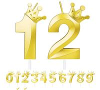 Candele Compleanno Numero 12,3D Oro Candeline Compleanno con Corona,Candele di compleanno per torta,Candele per torte topper Ragazzo Ragazza,per feste di compleanno,anniversari (Oro, 12)