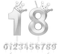 Candele Compleanno Numero 18,3D Argento Candeline Compleanno con Corona,Candele di compleanno per torta,Candele per torte topper Ragazzo Ragazza,per feste di compleanno,anniversari (Argento, 18)