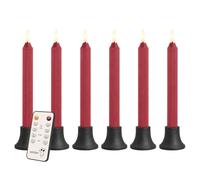 Candele coniche rosse senza fiamma con supporti e telecomando, bordeaux | Le candele bordeaux a costine, i supporti in cemento nero e il timer remoto creano un tavolo caldo e coordinato senza fiamma