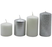 Candele dell'Avvento, a pilastro, candela da tavola in bianco argento e argento glitterato, 4 pezzi
