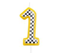 Candele di compleanno auto da corsa, auto gialle numero 1 candele per torte, ragazze ragazzi 1st decorazioni di compleanno, strisce bianche e nere auto da corsa tema per ragazze ragazzi festa di