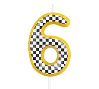 Candele di compleanno auto da corsa, auto gialle numero 6 candele per torte, ragazze ragazzi 6th decorazioni di compleanno, strisce bianche e nere auto da corsa tema per ragazze ragazzi festa di
