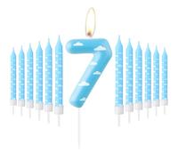 Candele di compleanno blu e bianche, motivo nuvole bianche cielo, candele numero 7, adatte per feste di bambini, feste di compleanno per bambini, attività a tema dei bambini