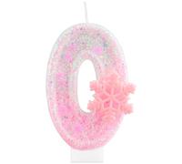 Candele di compleanno glitterate con fiocco di neve rosa numero 0, per torte, decorazioni di compleanno per ragazze, decorazioni per torte a tema congelato, per ragazze e donne, forniture per feste di