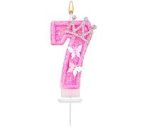 Candele di Compleanno Numero, 7,3cm Candele con Numeri Glitterati Rosa con Farfalla e Corona Strass Candele con Numeri Compleanno Perfette Decorazioni per Anniversari Compleanno(Numero 7)