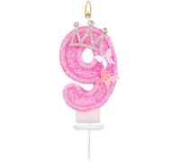 Candele di Compleanno Numero, 7,3cm Candele con Numeri Glitterati Rosa con Farfalla e Corona Strass Candele con Numeri Compleanno Perfette Decorazioni per Anniversari Compleanno(Numero 9)