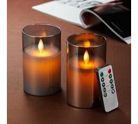 Candele LED 2 pezzi, Flickering Flameless Candele, Candele a Batteria with Glass con Telecomando a 10 Tasti, Realizzato in Vera Paraffina,con Funzione Timer 24 Ore per Decorazione, Festa-10cm Grigio
