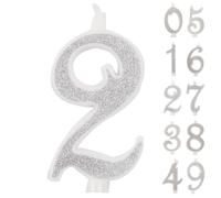 Candele Numeri di Compleanno Numero 2, Candela grande, Colore Argento Glitter e 3D, Decorazione Torta Compleanno,Candele Torta Matrimonio (Argento, 2)