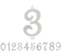 Candele Numeri di Compleanno Numero 3, Candela grande, Colore Argento Glitter e 3D, Decorazione Torta Compleanno,Candele Torta Matrimonio (Argento, 3)