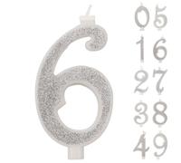 Candele Numeri di Compleanno Numero 6, Candela grande, Colore Argento Glitter e 3D, Decorazione Torta Compleanno,Candele Torta Matrimonio (Argento, 6)