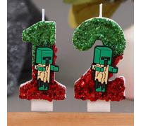 Candele numeriche per compleanno con design a personaggio di gioco a pixel, decorate con brillantini verdi e rossi, a forma 3D, adatte per feste in casa, celebrazioni di compleanni a tema, articolo pr