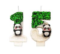 Candele Numero 15 Panda, Candele per Torta di Compleanno 15° Compleanno, Verde e Bianco, Candele Fatte a Mano con Glitter Lucido per Topper di Torta di Compleanno - Perfette per Feste a Tema di