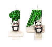Candele Numero Panda 14, Candele per Torta di Compleanno 14° Compleanno in Verde e Bianco, Topper per Torta di Compleanno Fatto a Mano con Glitter Luminoso - Perfetto per Feste a Tema di Compleanno
