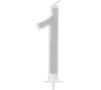 Candelina compleanno numeri 1 uno in cera glitter argento h 13 cm