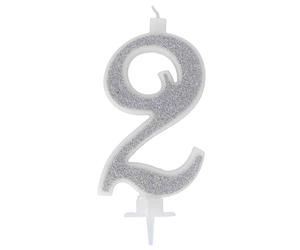 Candelina compleanno numeri 2 due in cera glitter argento h 13 cm