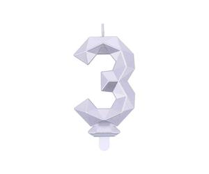 Candelina compleanno numero 3 tre in cera Diamond Silver Argento h 7,5 cm