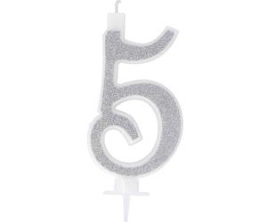 Candelina compleanno numero 5 cinque in cera glitter argento h 13 cm