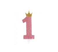 Candelina Rosa Glitter Con Corona Oro N:1