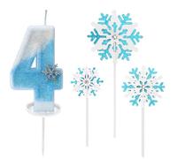 Candeline Compleanno 4 Anni, Candele per Torta blu bianche, Candele di Compleanno con Numero di Fiocco di Neve e Argentato Glitter, candelina 4 anni per Ragazze Torta Compleanno