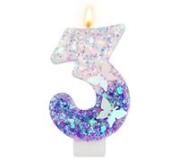 Candeline Compleanno con Numeri, 7,3 cm Candela a Farfalla Viola Candele con Numeri Glitterati Decorazioni per Topper Torta Viola Candele con Numeri Carini di Buon Compleanno (Numero 3)