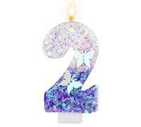 Candeline Compleanno con Numeri, 7,3 cm Candela a Farfalla Viola Candele con Numeri Glitterati Decorazioni per Topper Torta Viola Candele con Numeri Carini di Buon Compleanno (Numero 2)