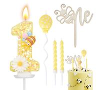 Candeline Compleanno Numeri 1,Candele di Compleanno Glitterate Gialle,Decorazione per Torta a Forma di Ape in Legno,Candela Compleanno Spirale,Adatto a Feste di Compleanno Festa Baby