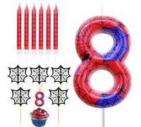 Candeline Compleanno Numeri 8, Candeline Ragno 8 Anno 3D, Candele Compleanno Numeri Rosso con 6 Candele Sottili Caketopper, Candele Torta Numero per Feste di Tema e Compleanni
