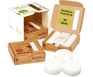 Candelo Eco Refill - Set di 54 lumini in cera, senza custodia, per portacandele riutilizzabili e antivento, senza plastica, inodore, 6 ore di durata