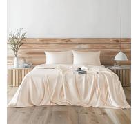 Candoury - Set di lenzuola in raso, 4 pezzi, per letto queen size, morbide, resistenti, lenzuolo di sopra, lenzuolo con angoli e federa, qualità da hotel (queen size, beige)