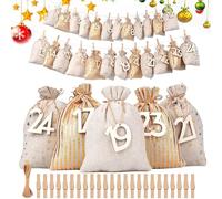 Candy Bag Countdown - Cotton | Set Of 24 Drawstring Sacks | Reusable Jute Style Candy Bags With Clips And Rope For Holiday Countdown Family Friends