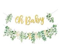 CANDY CHEF Striscione verde salvia con foglie di eucalipto per bambini, decorazione per feste di baby shower, tema boho bosco neutro, cartone, 300 x 76 cm