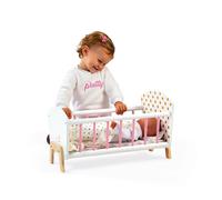 Janod - Lettino Candy Chic - Lettino da Bambola in Legno con Materasso + Copertina + Cuscino - Colori Delicati, Riflessi Scintillanti - Accessori per Bambole - Da 3 a 6 Anni, J05889