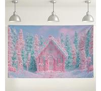 Candy Cottage Winter Wonderland Sfondo fotografico, colore blu pesca pastello sfondo fotografico, carino decorazioni per feste per interni ed esterni, 180 x 109 cm