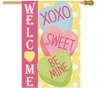 Candy Love Hearts Bandiera della casa di benvenuto 71 x 101 cm double face esterno, cuori multicolori con sfondo a pois San Valentino rustico anniversario cortile decorazione esterna