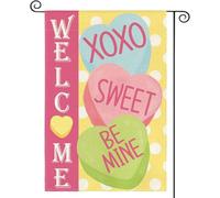 Candy Love Hearts Welcome Garden Flag 30,5 x 45,7 cm double face esterno, cuori multicolore con sfondo a pois San Valentino rustico anniversario cortile decorazione esterna