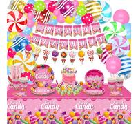 Candyland - Decorazioni per feste di compleanno, a forma di lecca-lecca, con palloncini, striscioni, piatti, tovaglie, bicchieri, tovaglioli, per feste a tema caramelle, 20 pezzi